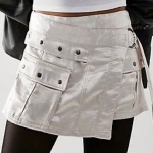 Free People Cream/Pink Satin Assymetrucal Mini Utility Skirt Size 2
